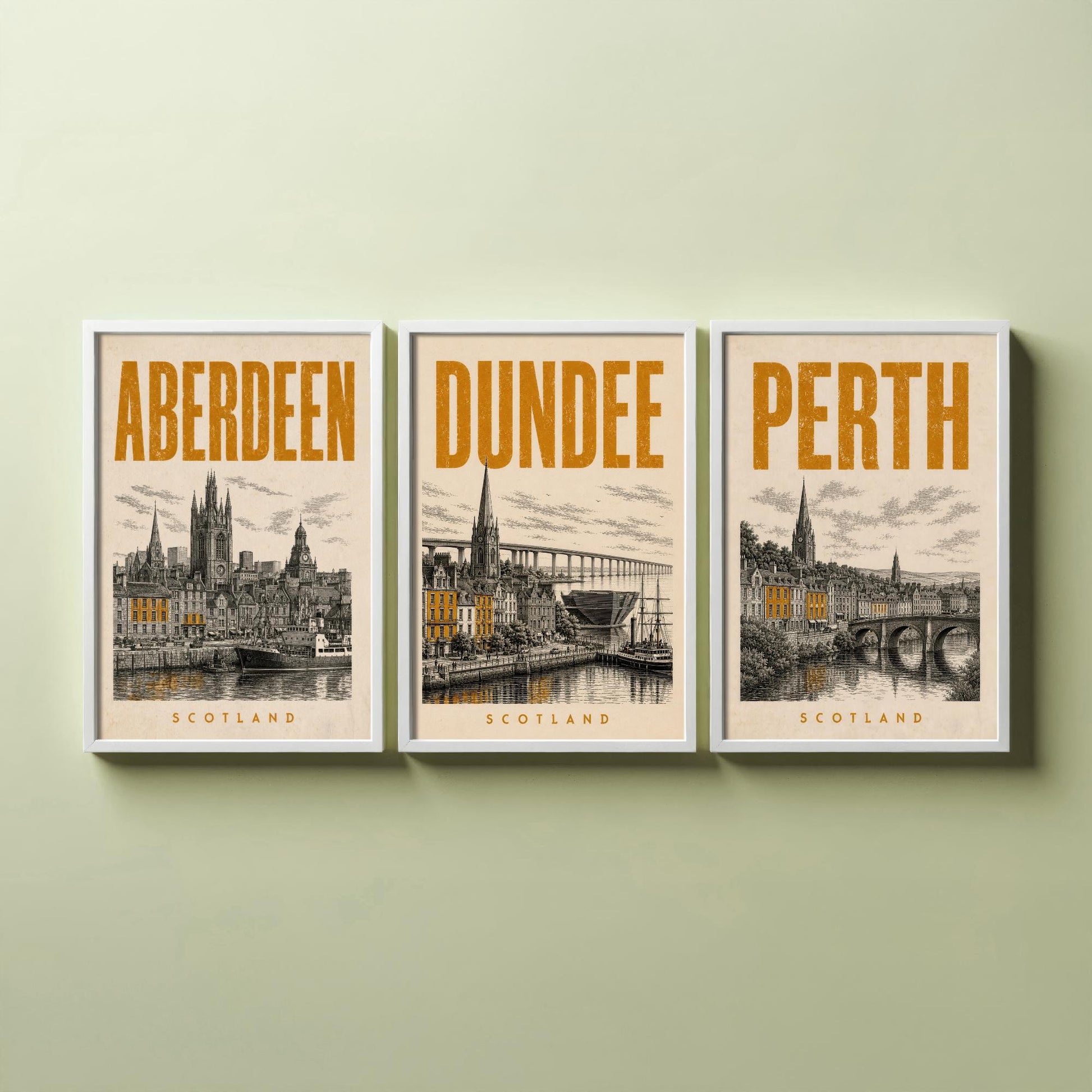 Set of Three Scotland Travel Posters - Aberdeen, Dundee, Perth - 3 Vintage Art Prints - Duotone Illustration Gift Map
