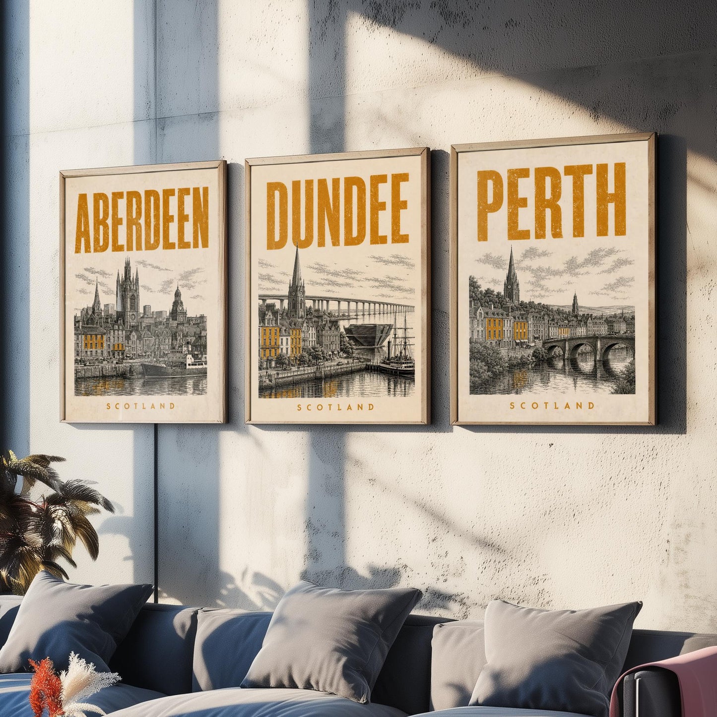 Set of Three Scotland Travel Posters - Aberdeen, Dundee, Perth - 3 Vintage Art Prints - Duotone Illustration Gift Map
