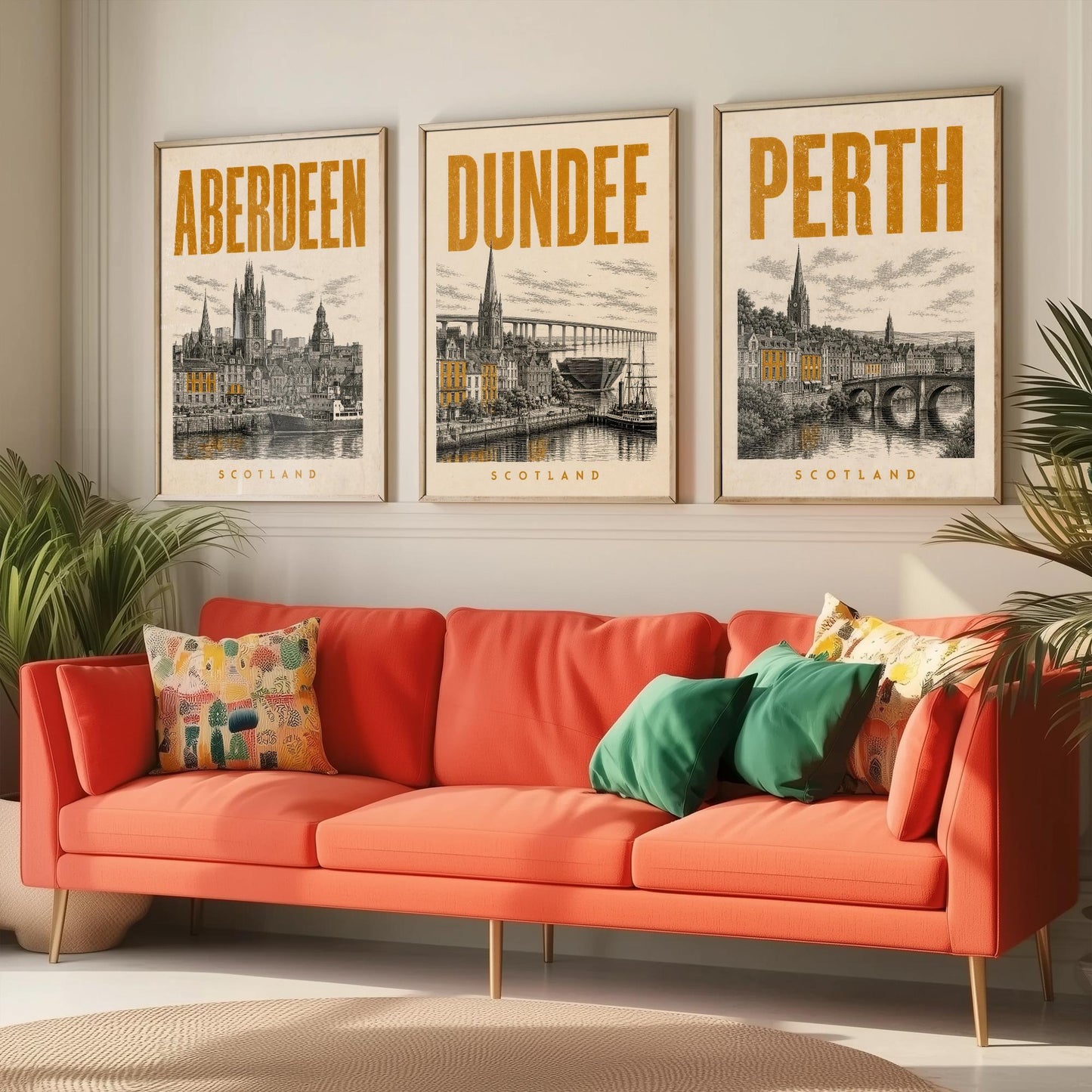 Set of Three Scotland Travel Posters - Aberdeen, Dundee, Perth - 3 Vintage Art Prints - Duotone Illustration Gift Map