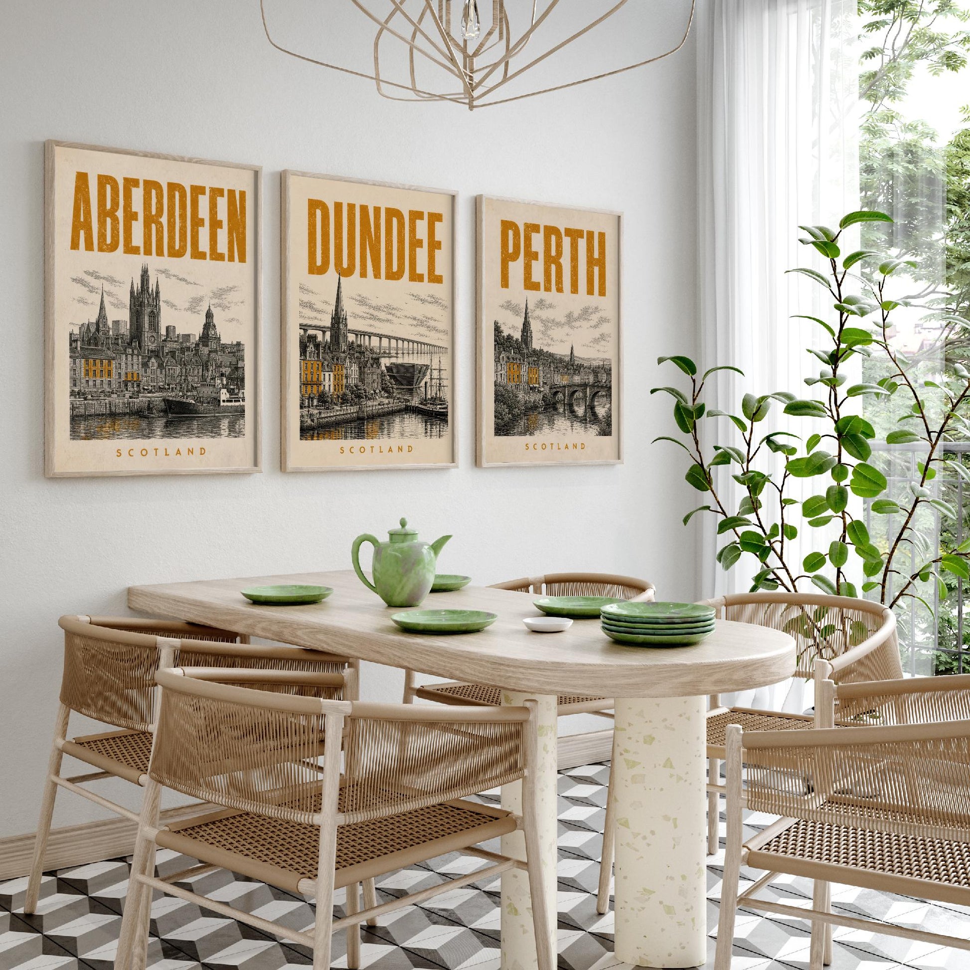 Set of Three Scotland Travel Posters - Aberdeen, Dundee, Perth - 3 Vintage Art Prints - Duotone Illustration Gift Map