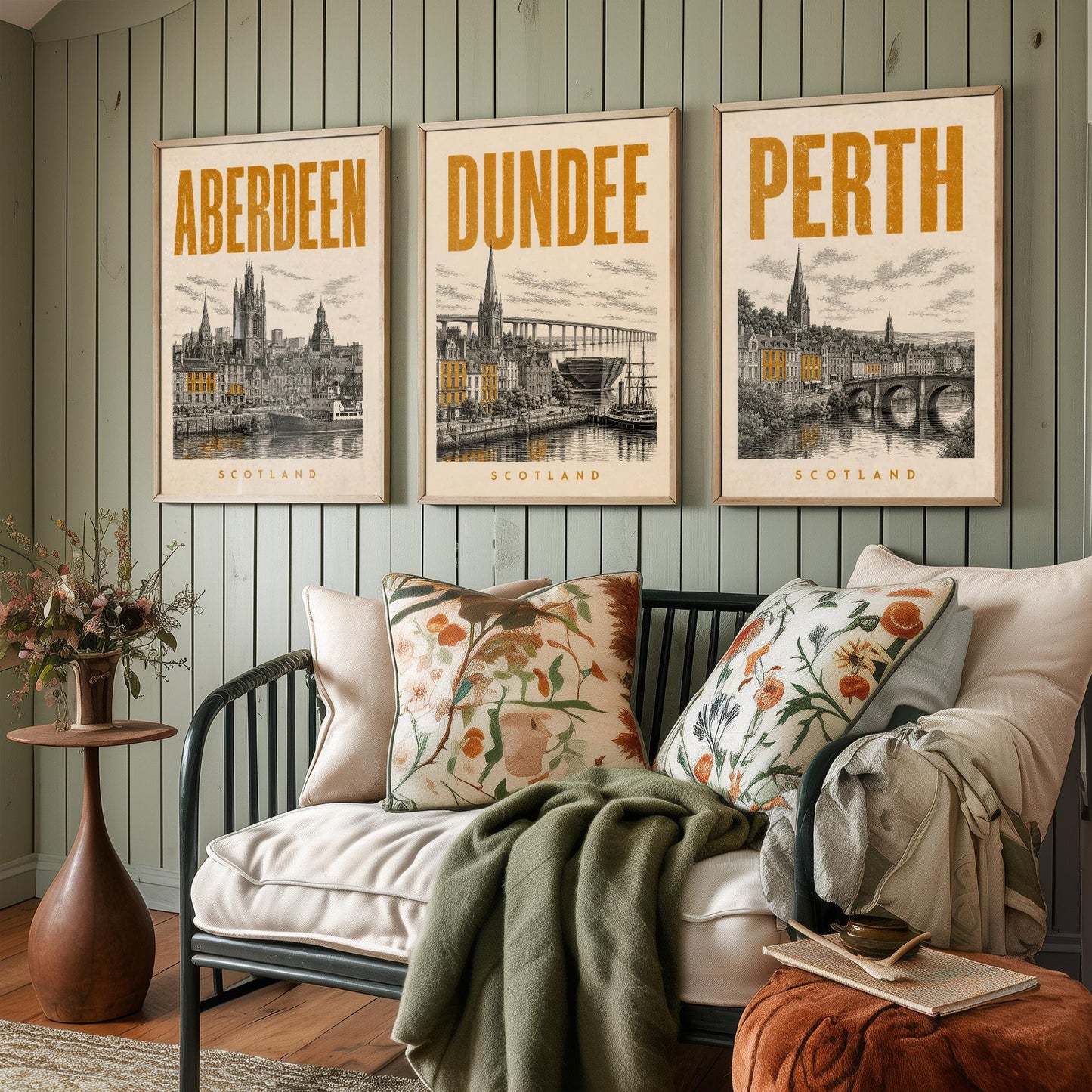 Set of Three Scotland Travel Posters - Aberdeen, Dundee, Perth - 3 Vintage Art Prints - Duotone Illustration Gift Map