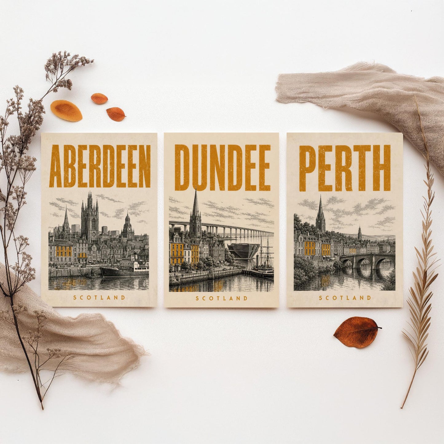 Set of Three Scotland Travel Posters - Aberdeen, Dundee, Perth - 3 Vintage Art Prints - Duotone Illustration Gift Map
