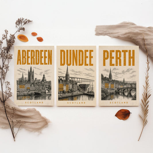 Set of Three Scotland Travel Posters - Aberdeen, Dundee, Perth - 3 Vintage Art Prints - Duotone Illustration Gift Map