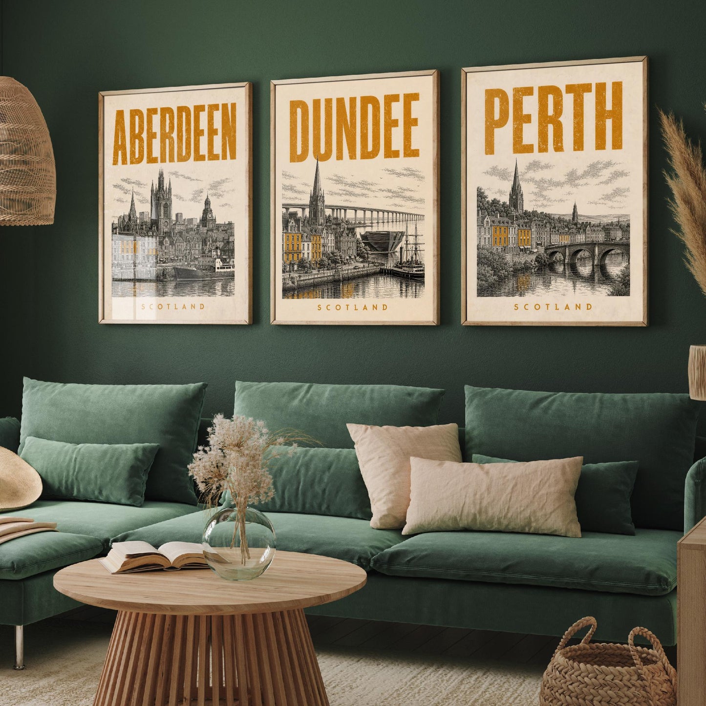 Set of Three Scotland Travel Posters - Aberdeen, Dundee, Perth - 3 Vintage Art Prints - Duotone Illustration Gift Map