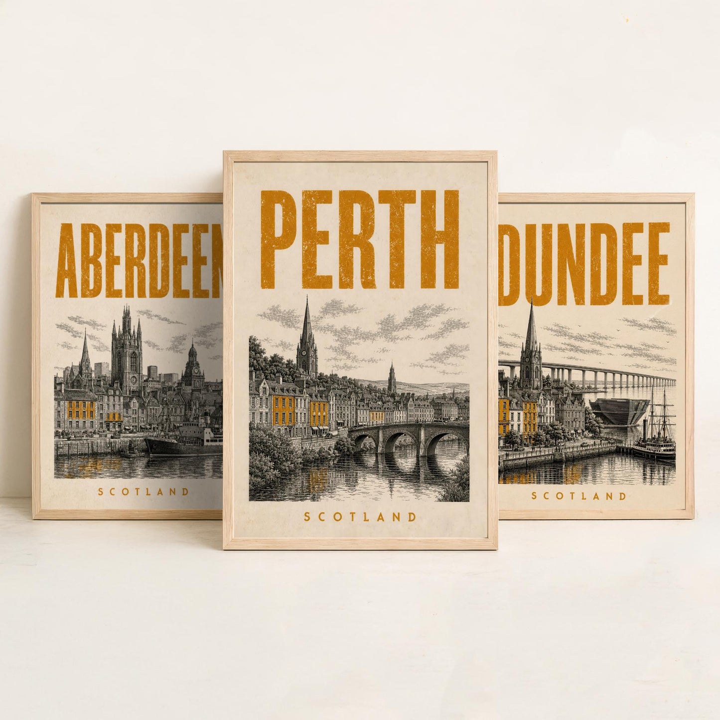 Set of Three Scotland Travel Posters - Aberdeen, Dundee, Perth - 3 Vintage Art Prints - Duotone Illustration Gift Map