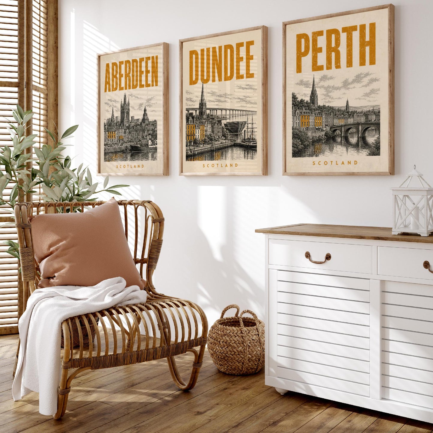 Set of Three Scotland Travel Posters - Aberdeen, Dundee, Perth - 3 Vintage Art Prints - Duotone Illustration Gift Map