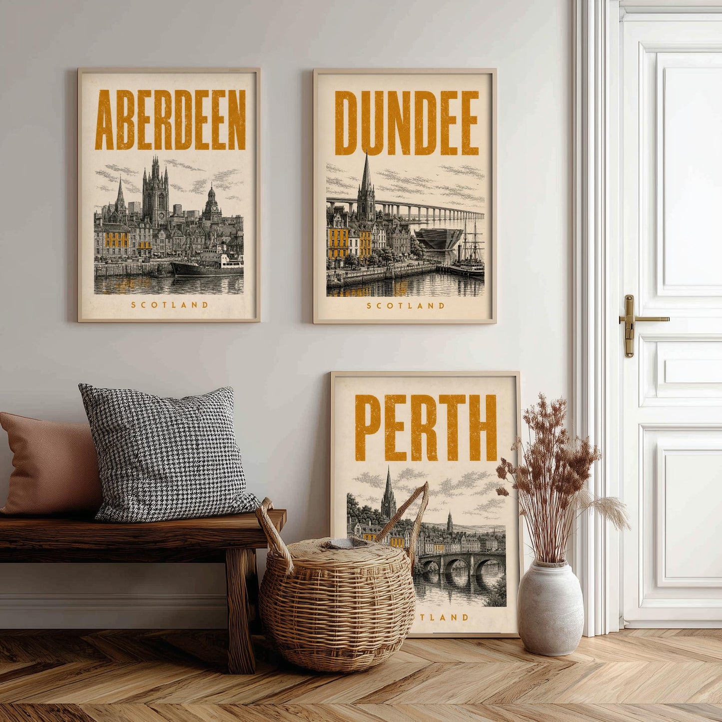 Set of Three Scotland Travel Posters - Aberdeen, Dundee, Perth - 3 Vintage Art Prints - Duotone Illustration Gift Map