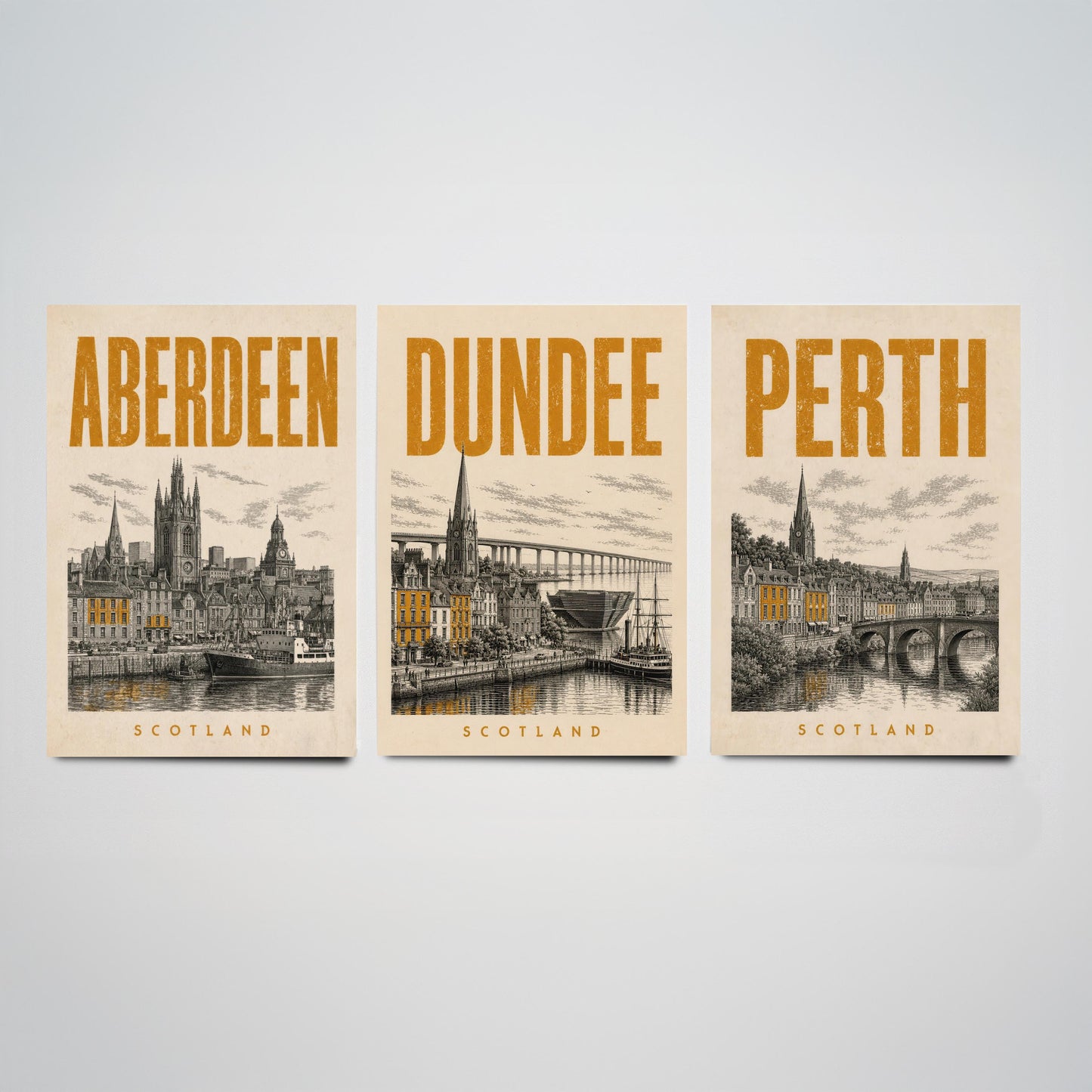 Set of Three Scotland Travel Posters - Aberdeen, Dundee, Perth - 3 Vintage Art Prints - Duotone Illustration Gift Map