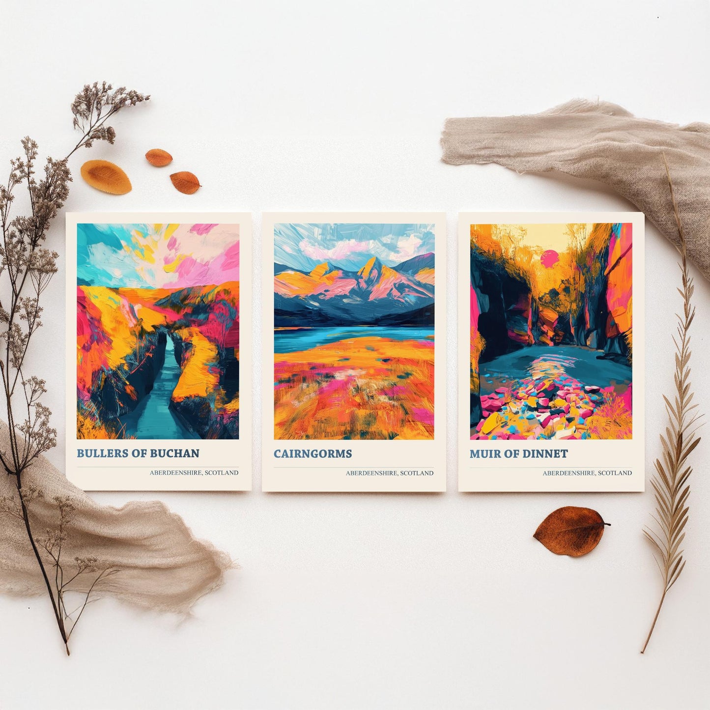 Aberdeenshire Scotland Set of Three Art Prints | Bullers of Buchan Cairngorms Muir of Dinnet | Vibrant Impasto Painting Poster
