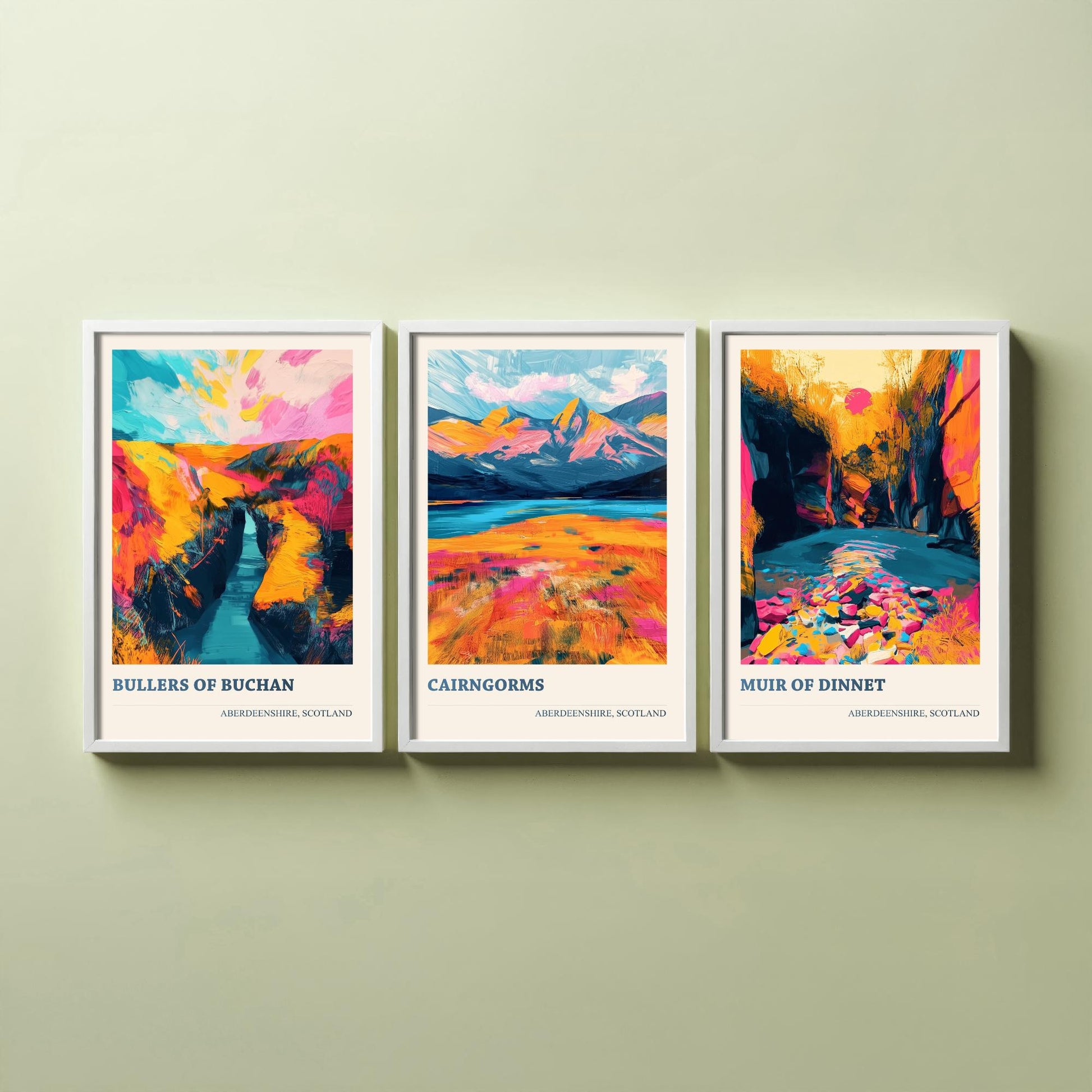 Aberdeenshire Scotland Set of Three Art Prints | Bullers of Buchan Cairngorms Muir of Dinnet | Vibrant Impasto Painting Poster