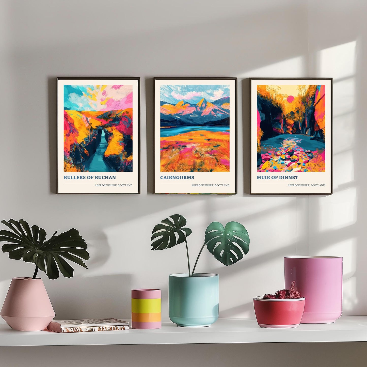 Aberdeenshire Scotland Set of Three Art Prints | Bullers of Buchan Cairngorms Muir of Dinnet | Vibrant Impasto Painting Poster