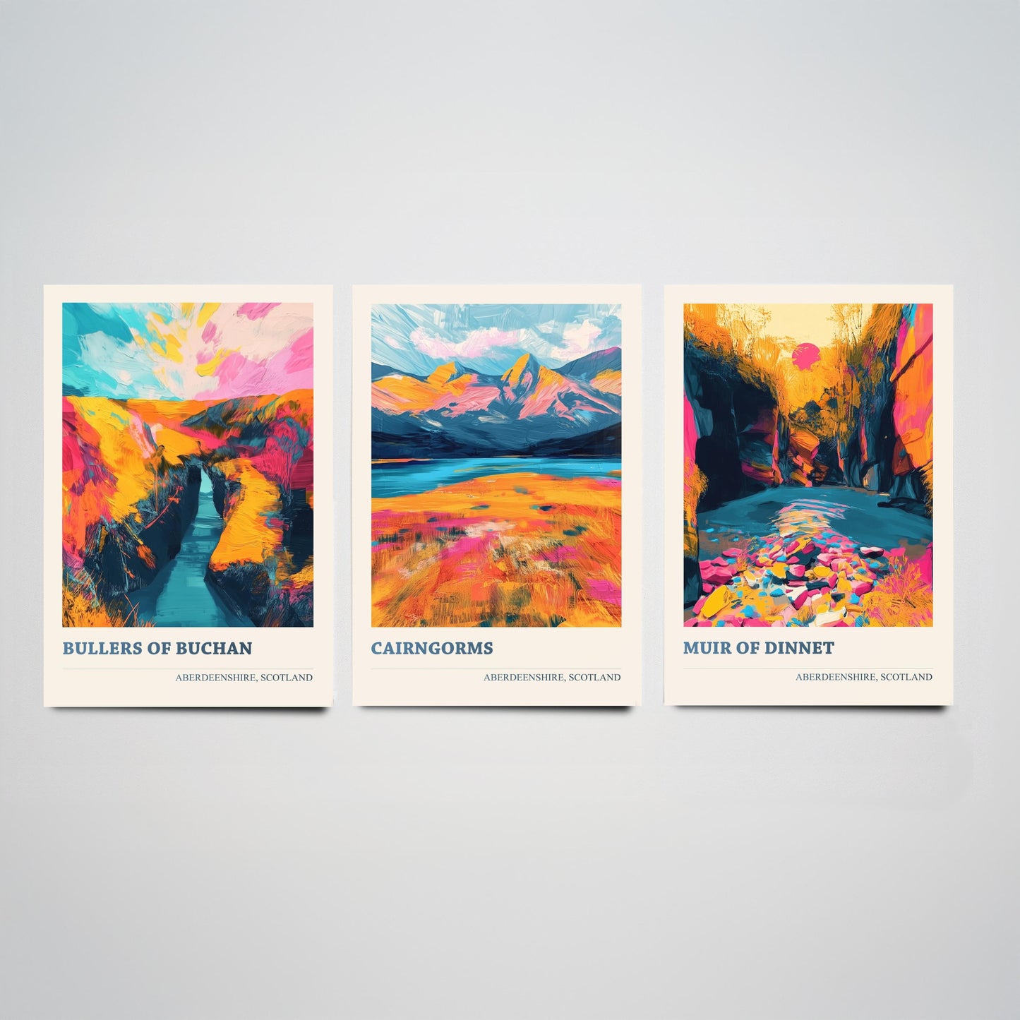 Aberdeenshire Scotland Set of Three Art Prints | Bullers of Buchan Cairngorms Muir of Dinnet | Vibrant Impasto Painting Poster