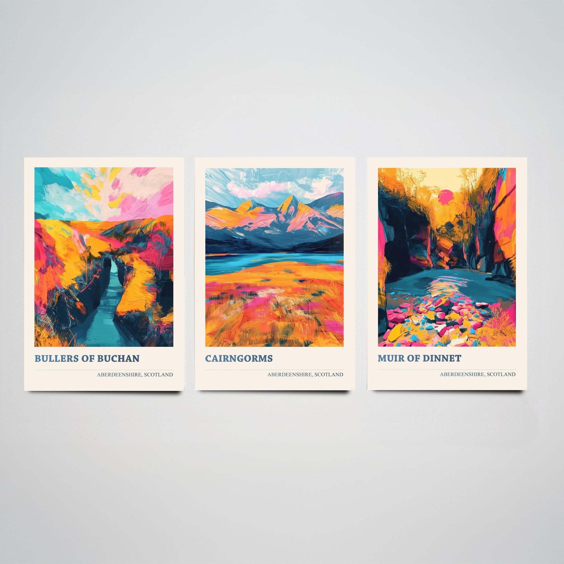 Aberdeenshire Scotland Set of Three Art Prints | Bullers of Buchan Cairngorms Muir of Dinnet | Vibrant Impasto Painting Poster