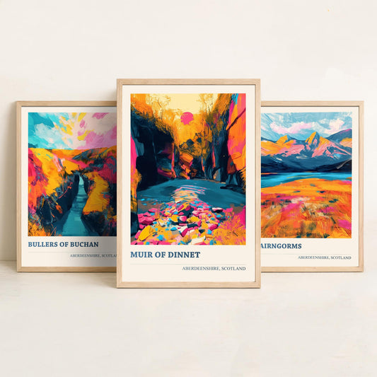 Aberdeenshire Scotland Set of Three Art Prints | Bullers of Buchan Cairngorms Muir of Dinnet | Vibrant Impasto Painting Poster