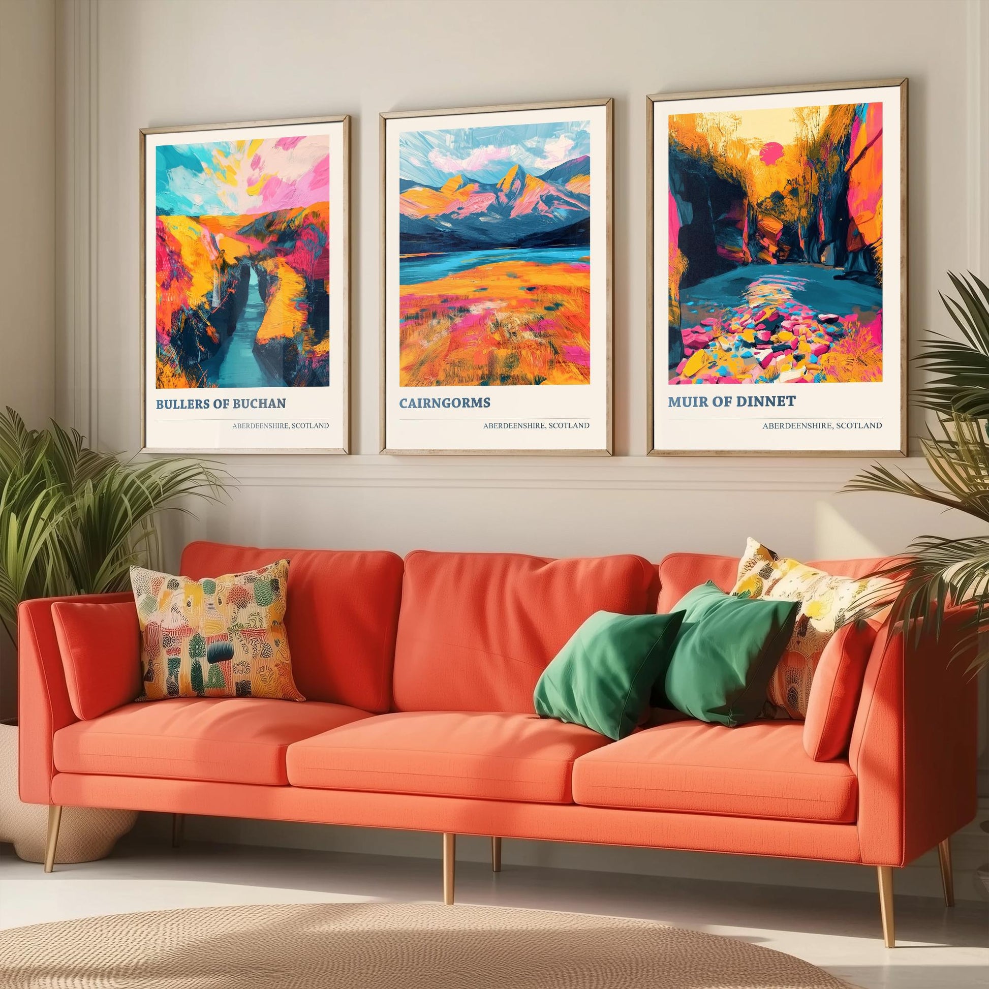 Aberdeenshire Scotland Set of Three Art Prints | Bullers of Buchan Cairngorms Muir of Dinnet | Vibrant Impasto Painting Poster
