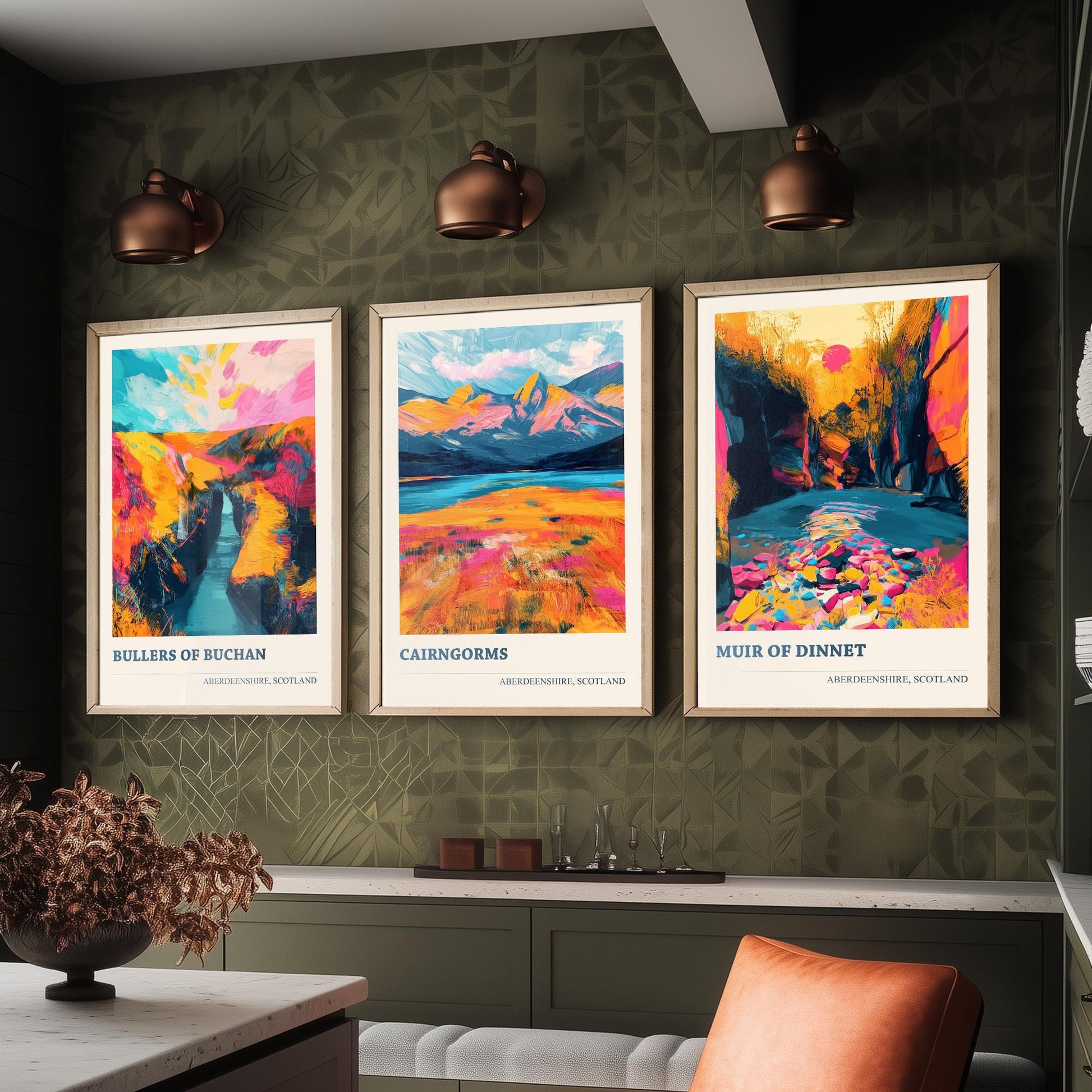 Aberdeenshire Scotland Set of Three Art Prints | Bullers of Buchan Cairngorms Muir of Dinnet | Vibrant Impasto Painting Poster