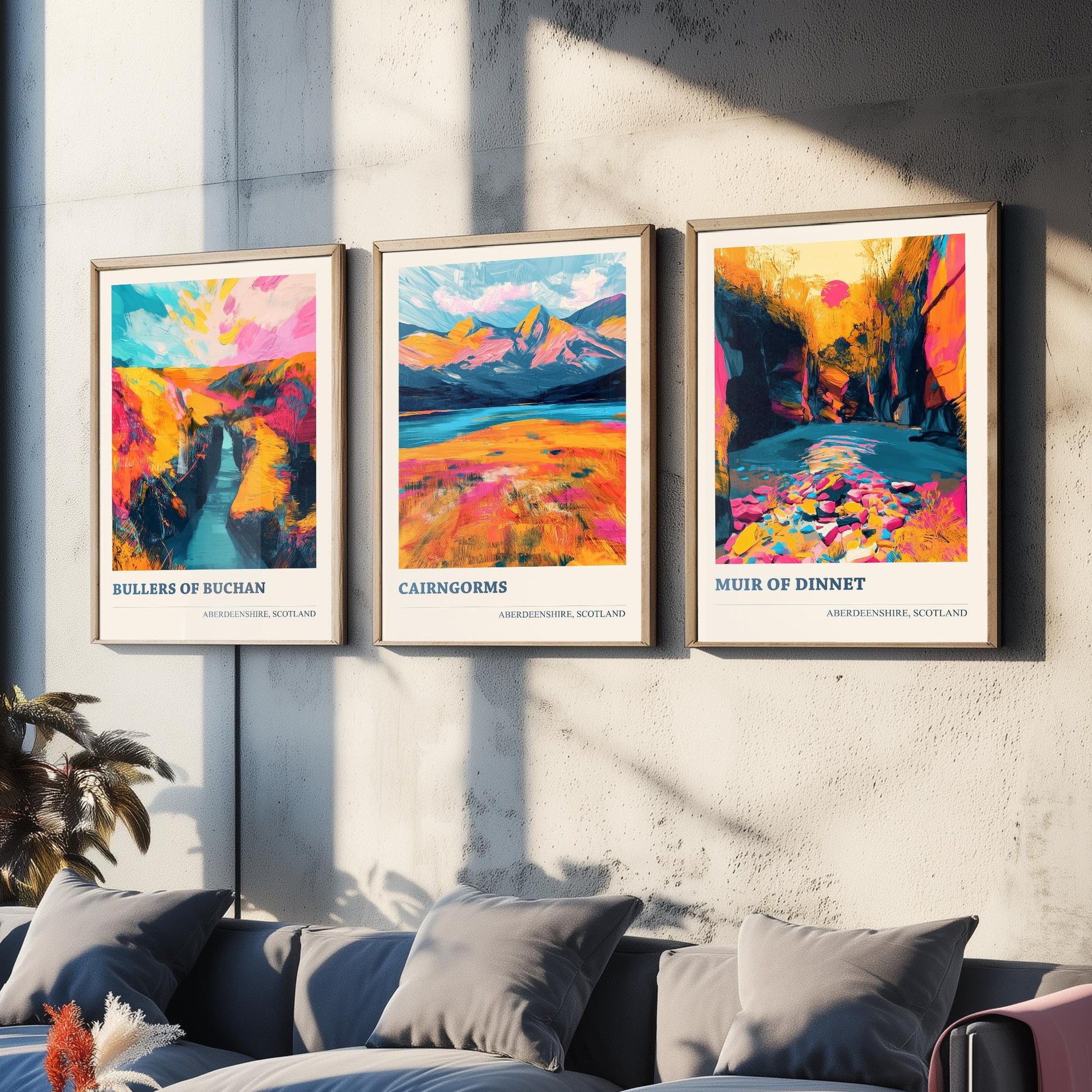 Aberdeenshire Scotland Set of Three Art Prints | Bullers of Buchan Cairngorms Muir of Dinnet | Vibrant Impasto Painting Poster