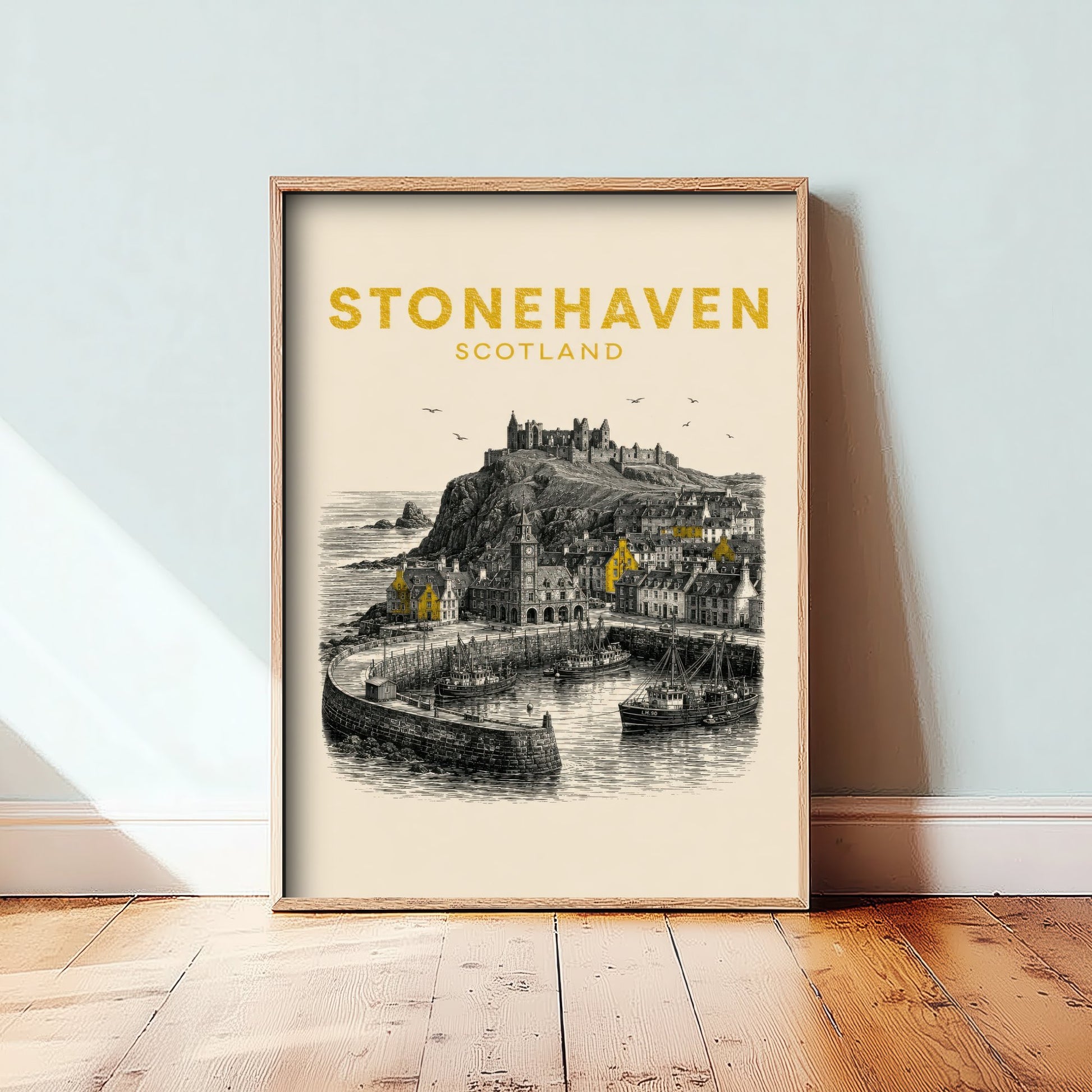 Stonehaven Scotland Travel Poster - Vintage Duotone Art Print - Engraved City Illustration - Clifftop Castle Harbour 1/3
