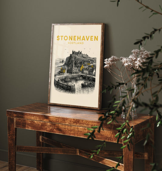 Stonehaven Scotland Travel Poster - Vintage Duotone Art Print - Engraved City Illustration - Clifftop Castle Harbour 1/3