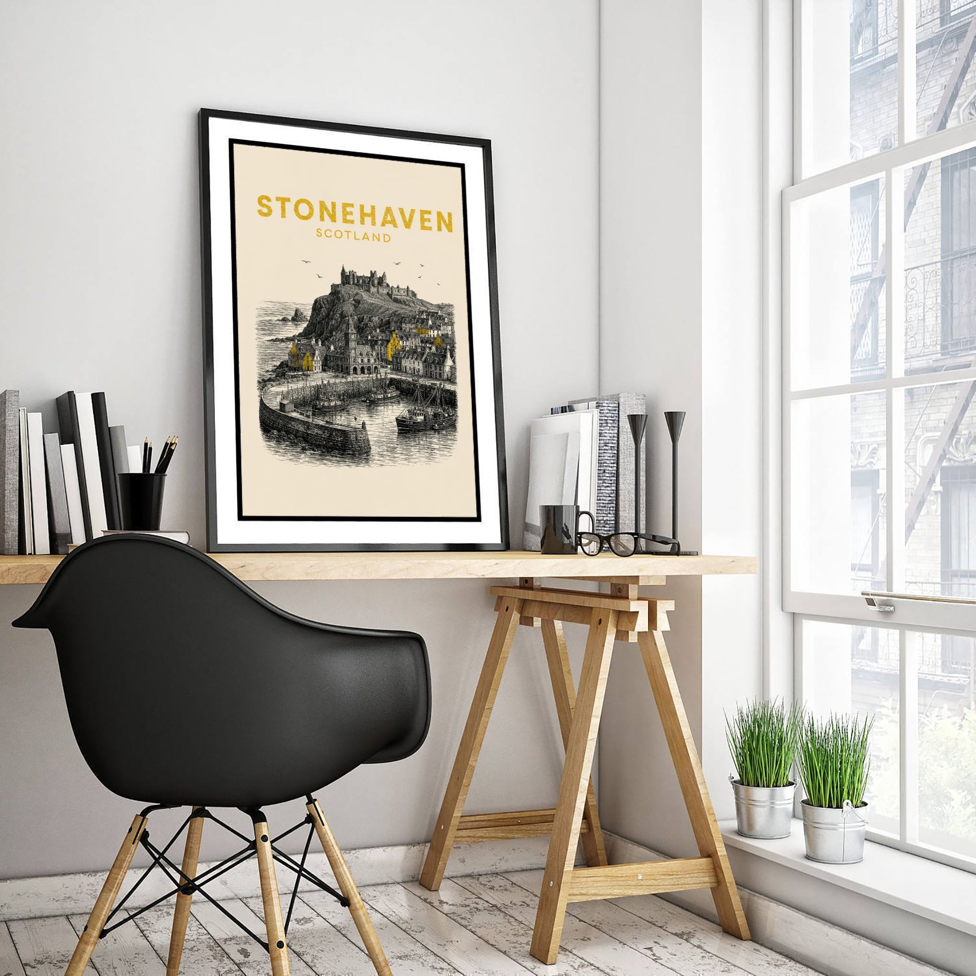 Stonehaven Scotland Travel Poster - Vintage Duotone Art Print - Engraved City Illustration - Clifftop Castle Harbour 1/3