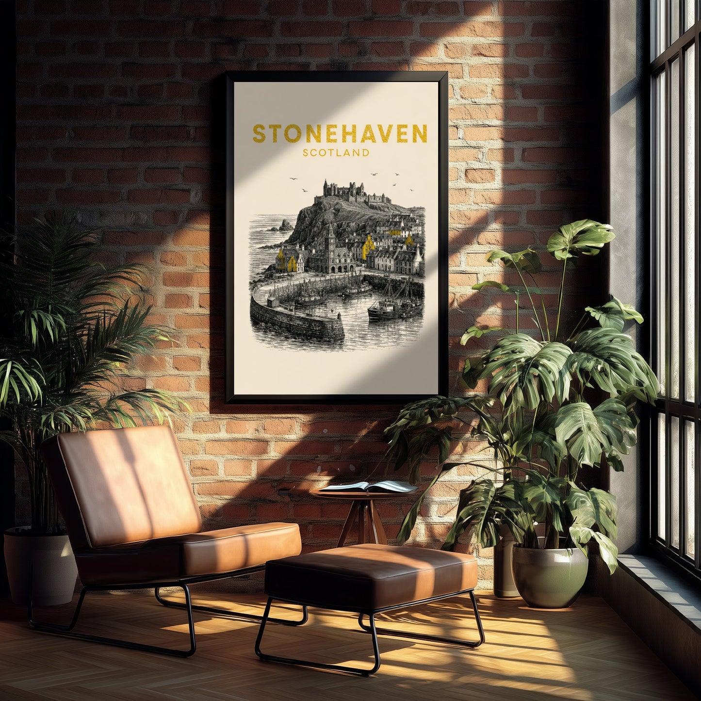 Stonehaven Scotland Travel Poster - Vintage Duotone Art Print - Engraved City Illustration - Clifftop Castle Harbour 1/3