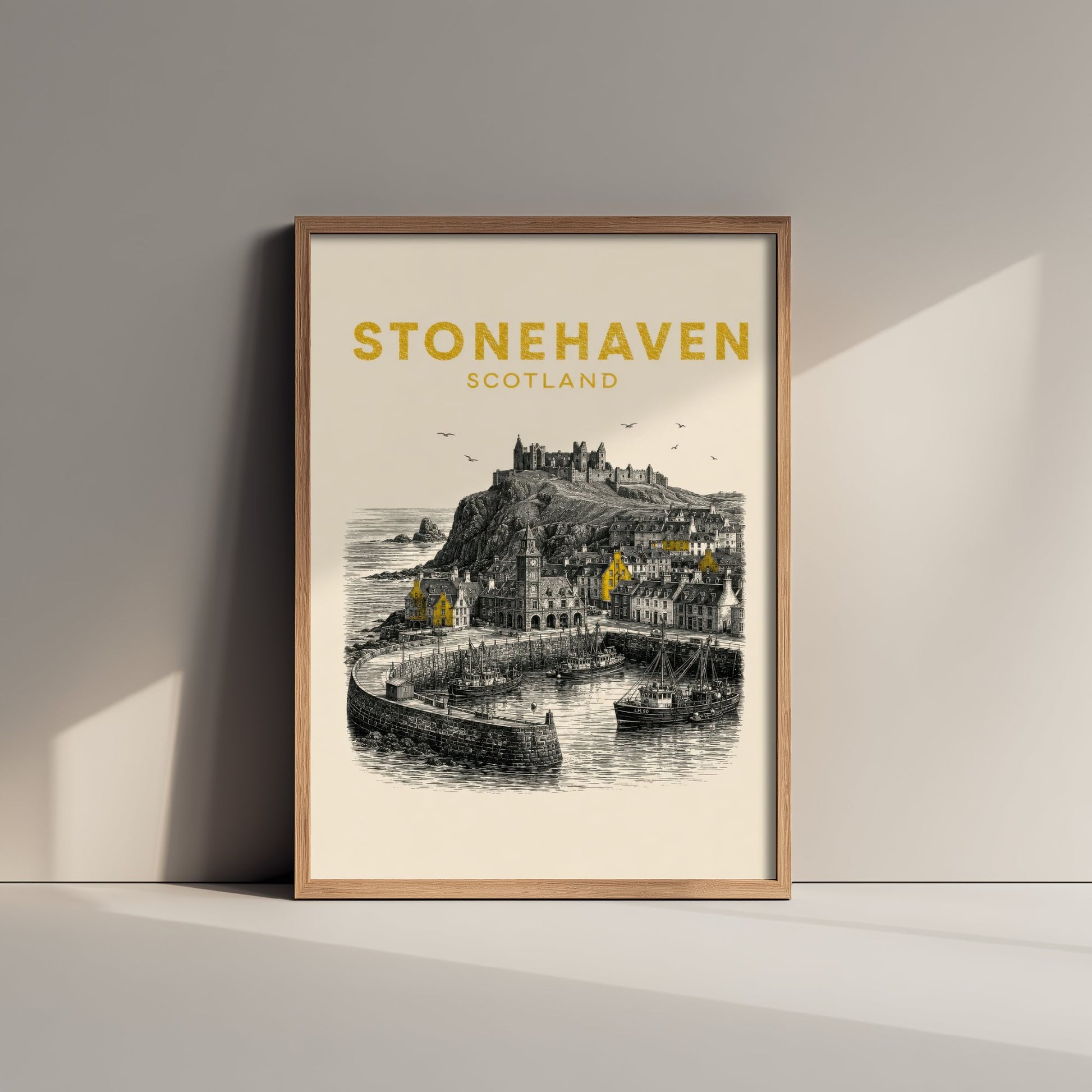 Stonehaven Scotland Travel Poster - Vintage Duotone Art Print - Engraved City Illustration - Clifftop Castle Harbour 1/3