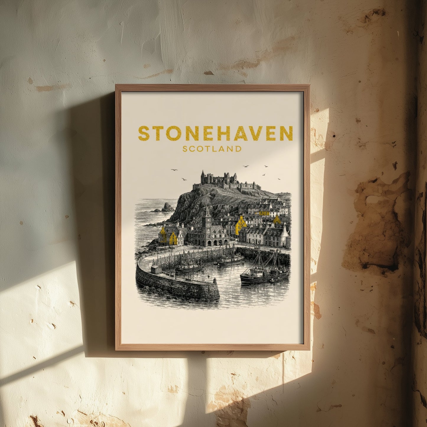 Stonehaven Scotland Travel Poster - Vintage Duotone Art Print - Engraved City Illustration - Clifftop Castle Harbour 1/3