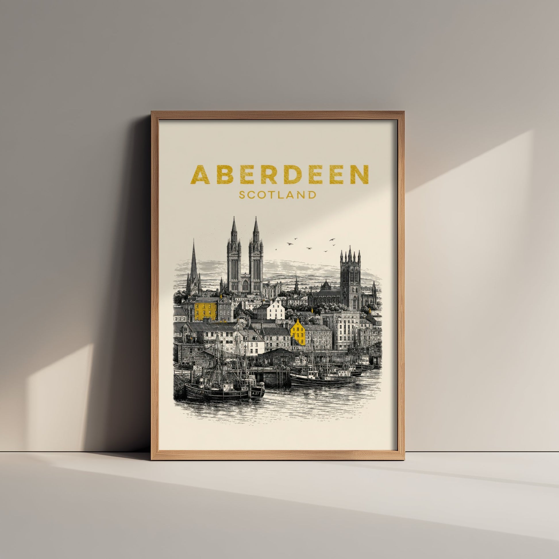 Aberdeen Scotland Travel Poster - Vintage Duotone Art Print - Engraved City Illustration - Harbour and Granite Spires 2/3