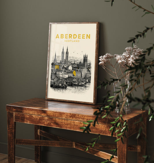 Aberdeen Scotland Travel Poster - Vintage Duotone Art Print - Engraved City Illustration - Harbour and Granite Spires 2/3