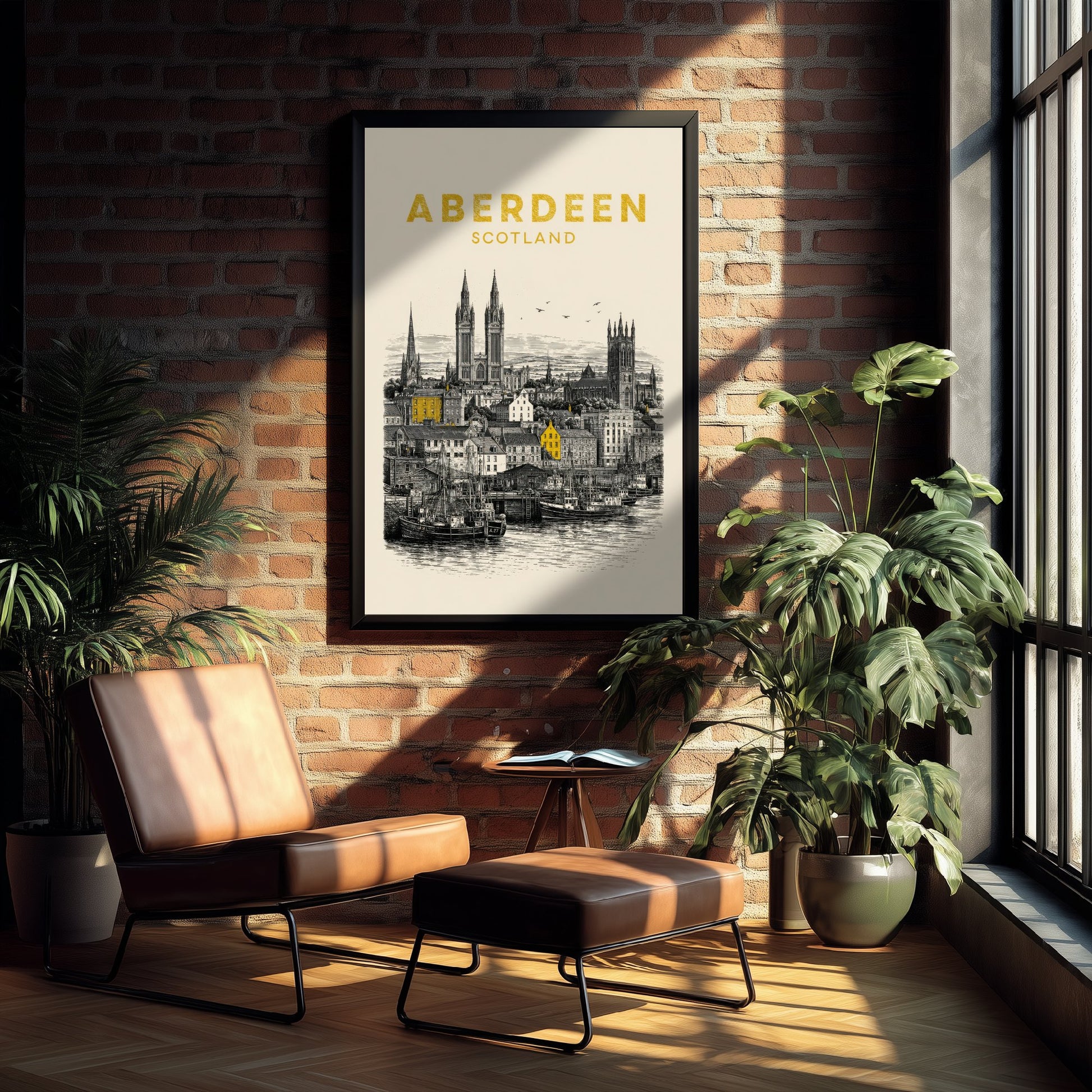 Aberdeen Scotland Travel Poster - Vintage Duotone Art Print - Engraved City Illustration - Harbour and Granite Spires 2/3
