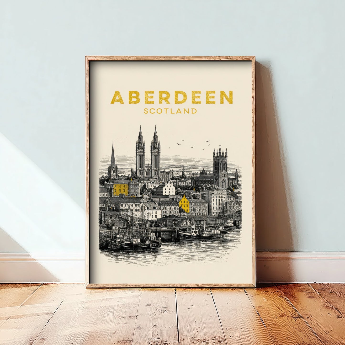Aberdeen Scotland Travel Poster - Vintage Duotone Art Print - Engraved City Illustration - Harbour and Granite Spires 2/3