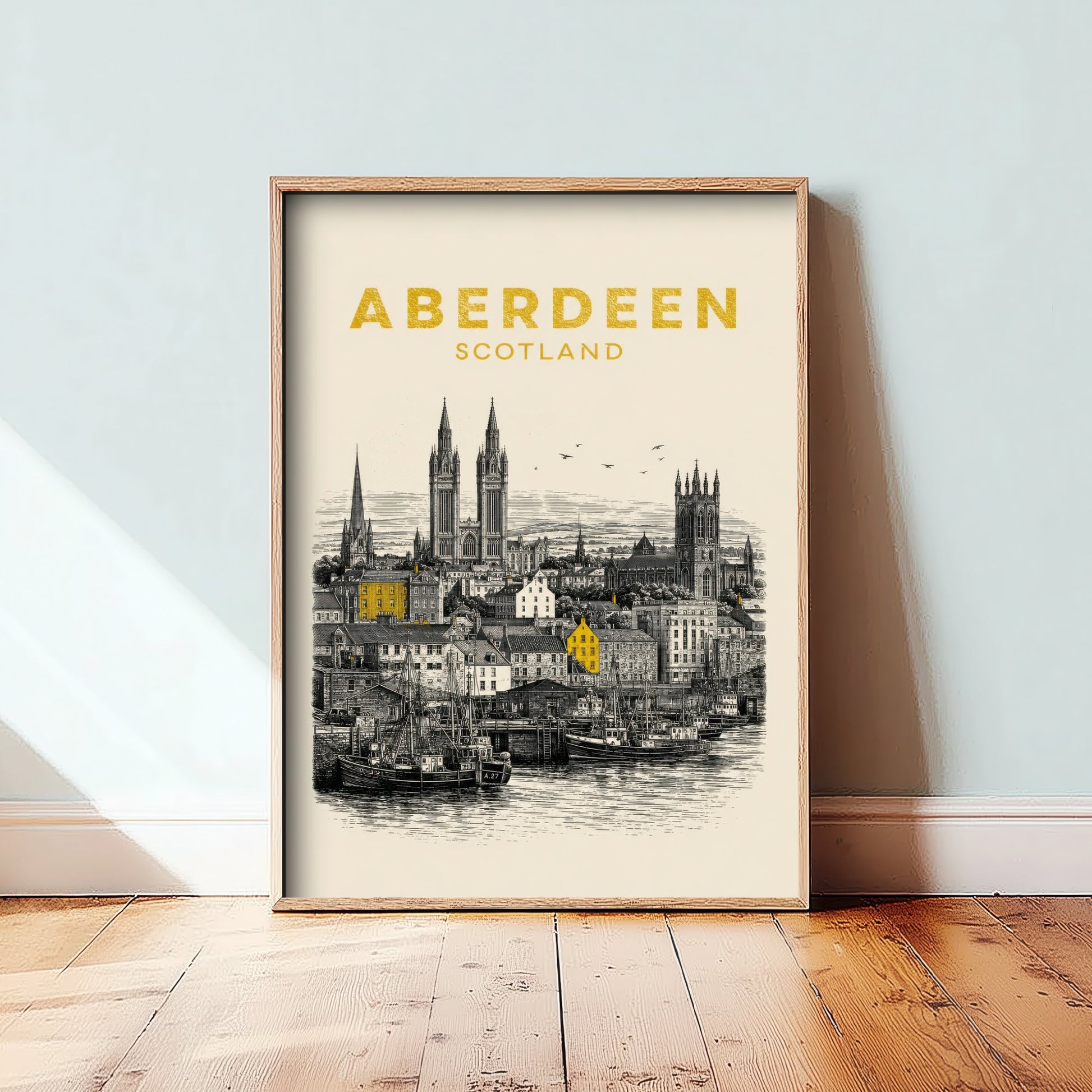 Aberdeen Scotland Travel Poster - Vintage Duotone Art Print - Engraved City Illustration - Harbour and Granite Spires 2/3