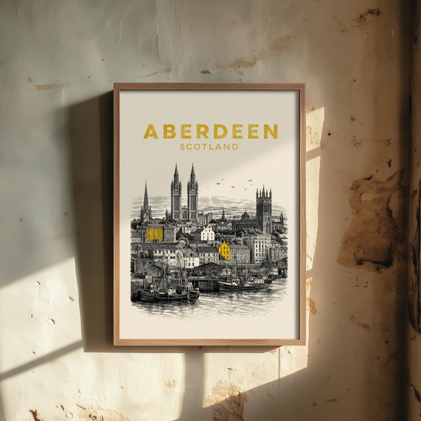 Aberdeen Scotland Travel Poster - Vintage Duotone Art Print - Engraved City Illustration - Harbour and Granite Spires 2/3