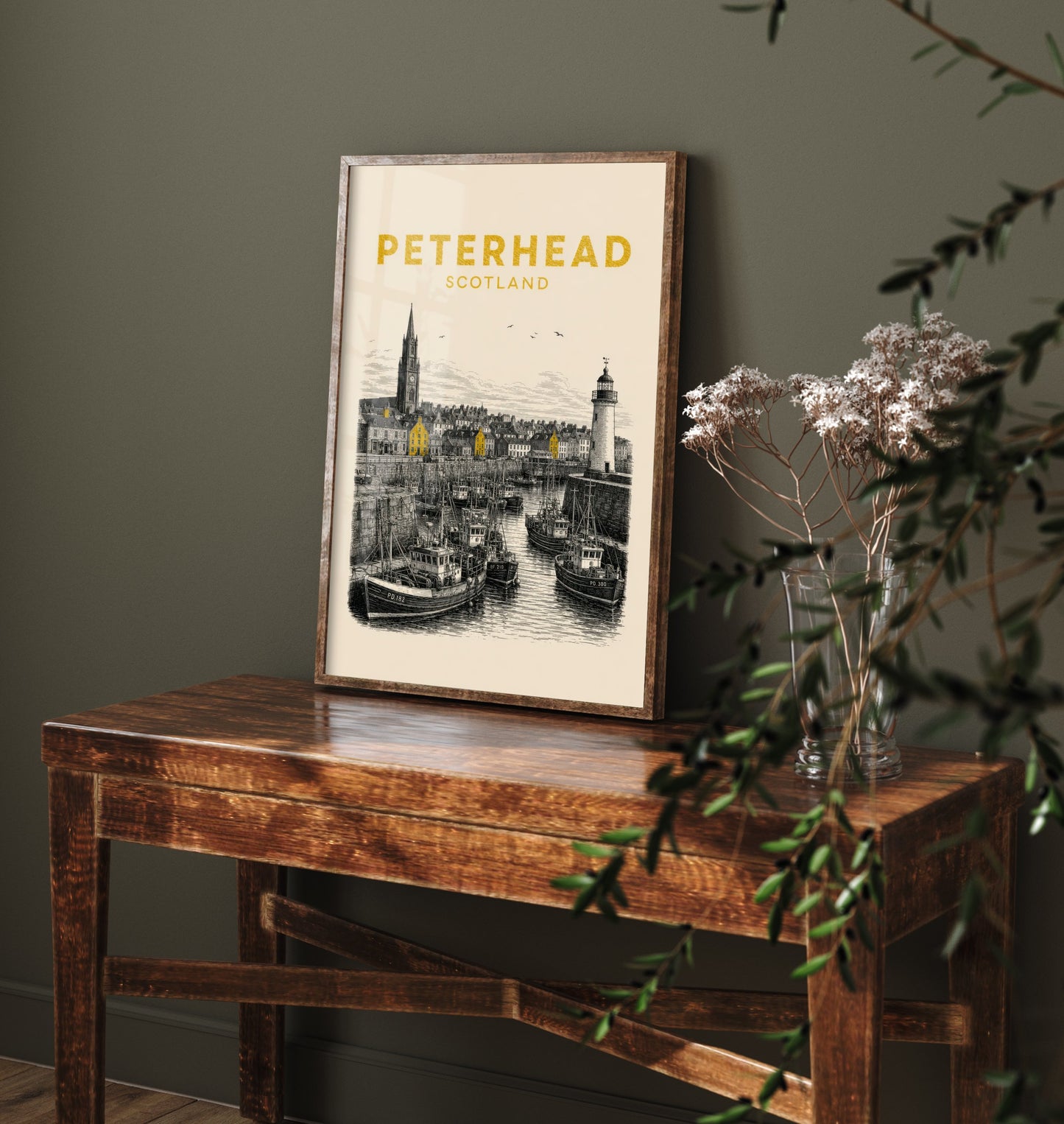 Peterhead Scotland Travel Poster - Vintage Duotone Art Print - Engraved City Illustration - Lighthouse and Fishing Fleet 3/3