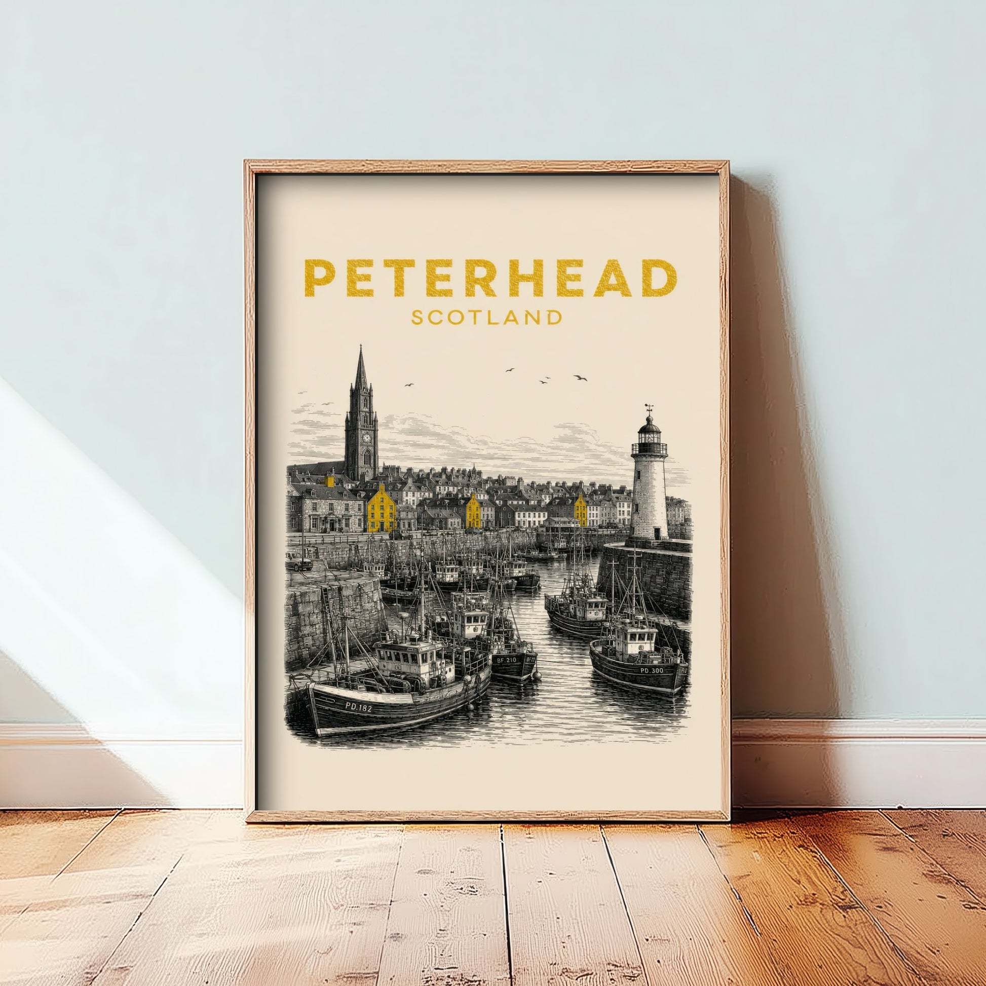 Peterhead Scotland Travel Poster - Vintage Duotone Art Print - Engraved City Illustration - Lighthouse and Fishing Fleet 3/3