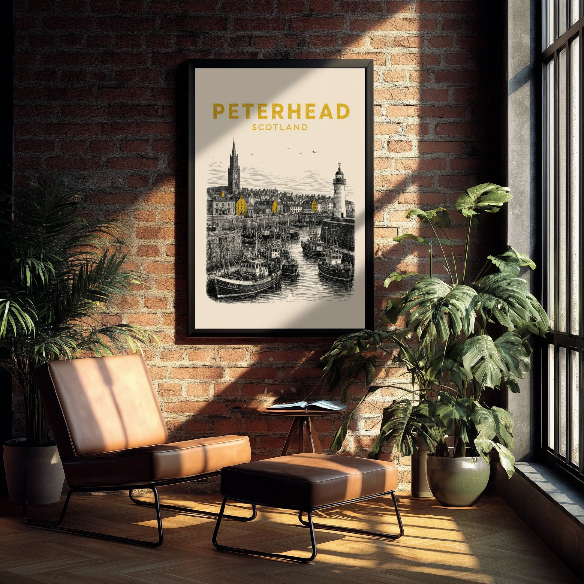 Peterhead Scotland Travel Poster - Vintage Duotone Art Print - Engraved City Illustration - Lighthouse and Fishing Fleet 3/3
