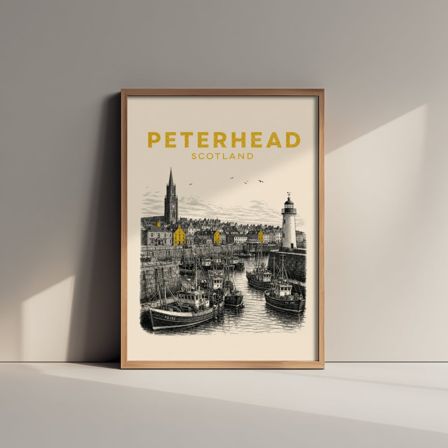 Peterhead Scotland Travel Poster - Vintage Duotone Art Print - Engraved City Illustration - Lighthouse and Fishing Fleet 3/3