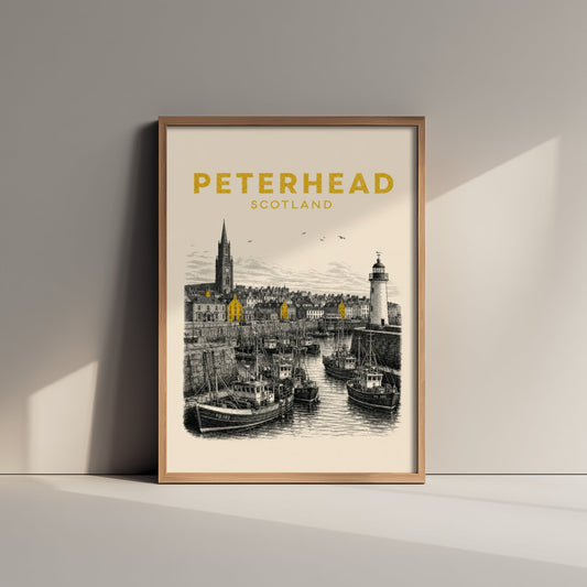 Peterhead Scotland Travel Poster - Vintage Duotone Art Print - Engraved City Illustration - Lighthouse and Fishing Fleet 3/3