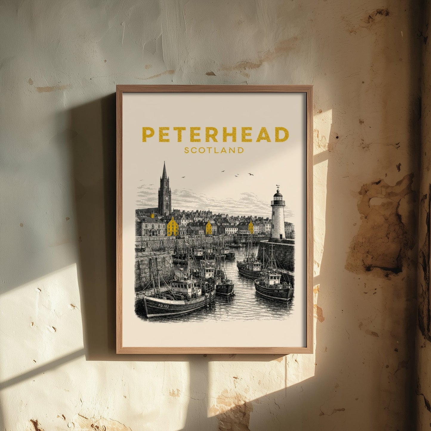 Peterhead Scotland Travel Poster - Vintage Duotone Art Print - Engraved City Illustration - Lighthouse and Fishing Fleet 3/3