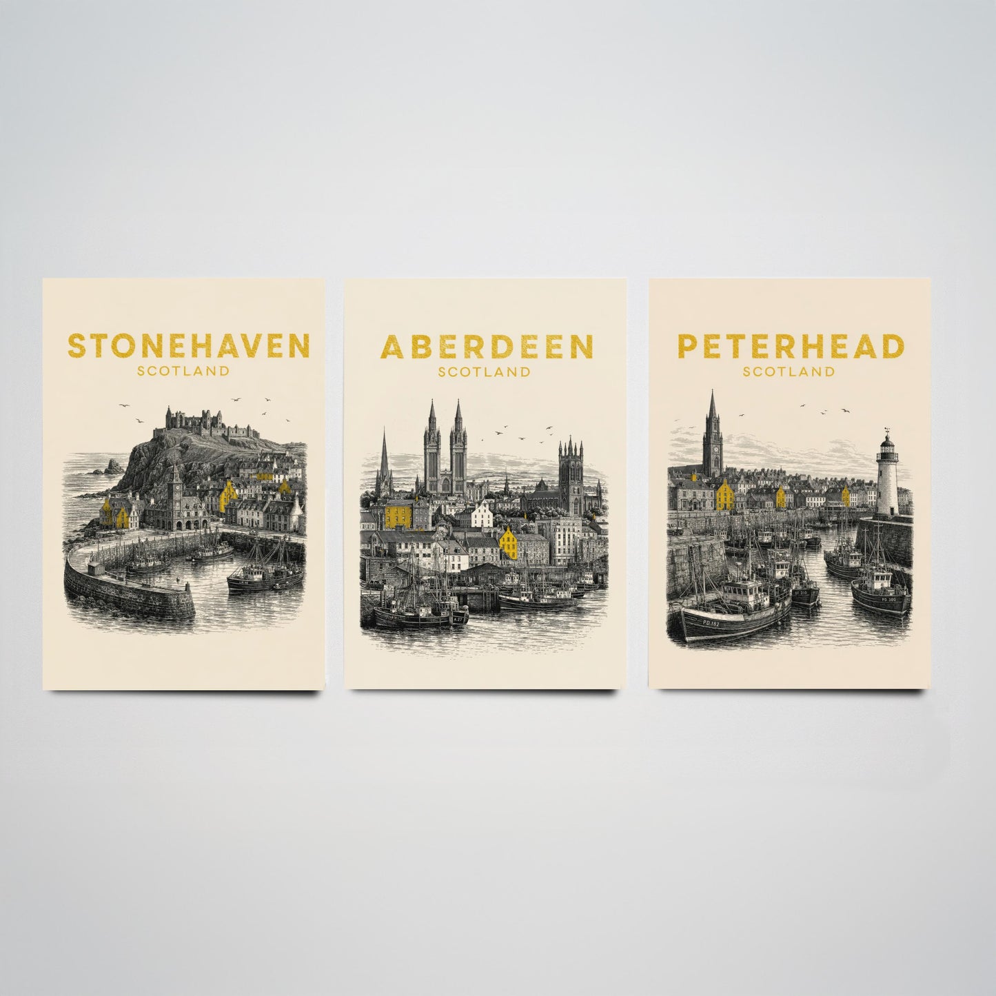 Set of Three Aberdeenshire Travel Posters - Stonehaven, Aberdeen, Peterhead - Vintage Duotone Art Prints - Scotland Illustration Gift