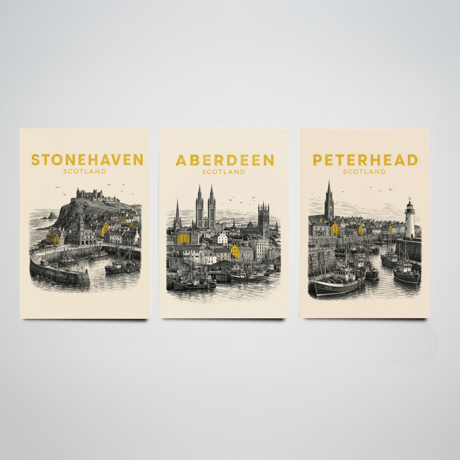 Set of Three Aberdeenshire Travel Posters - Stonehaven, Aberdeen, Peterhead - Vintage Duotone Art Prints - Scotland Illustration Gift