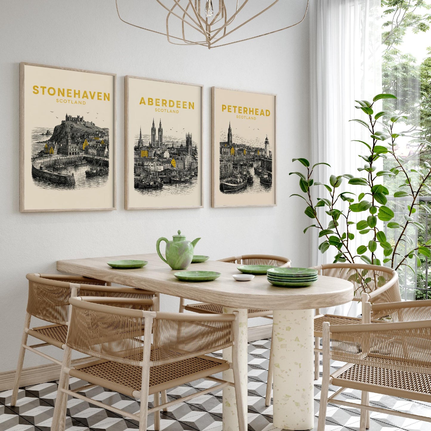 Set of Three Aberdeenshire Travel Posters - Stonehaven, Aberdeen, Peterhead - Vintage Duotone Art Prints - Scotland Illustration Gift