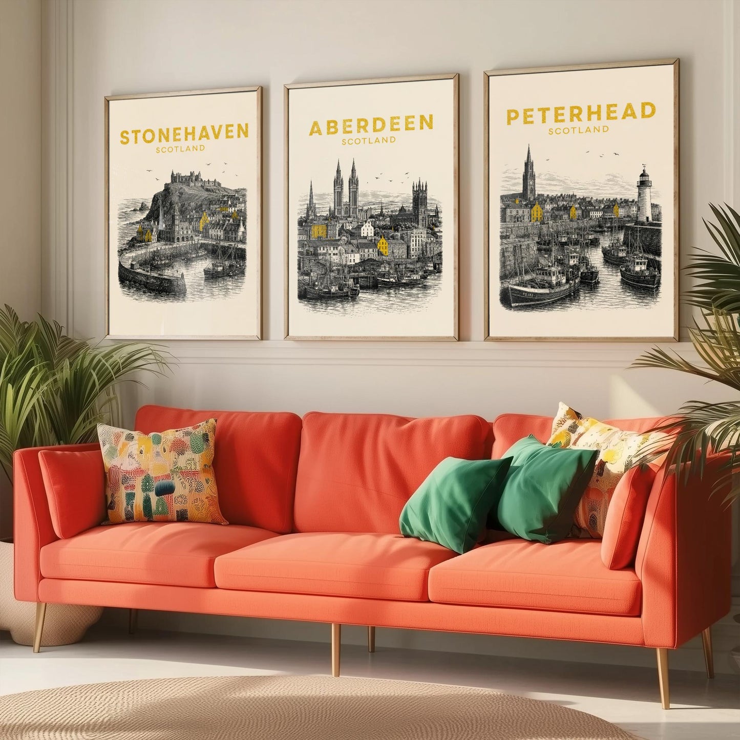 Set of Three Aberdeenshire Travel Posters - Stonehaven, Aberdeen, Peterhead - Vintage Duotone Art Prints - Scotland Illustration Gift