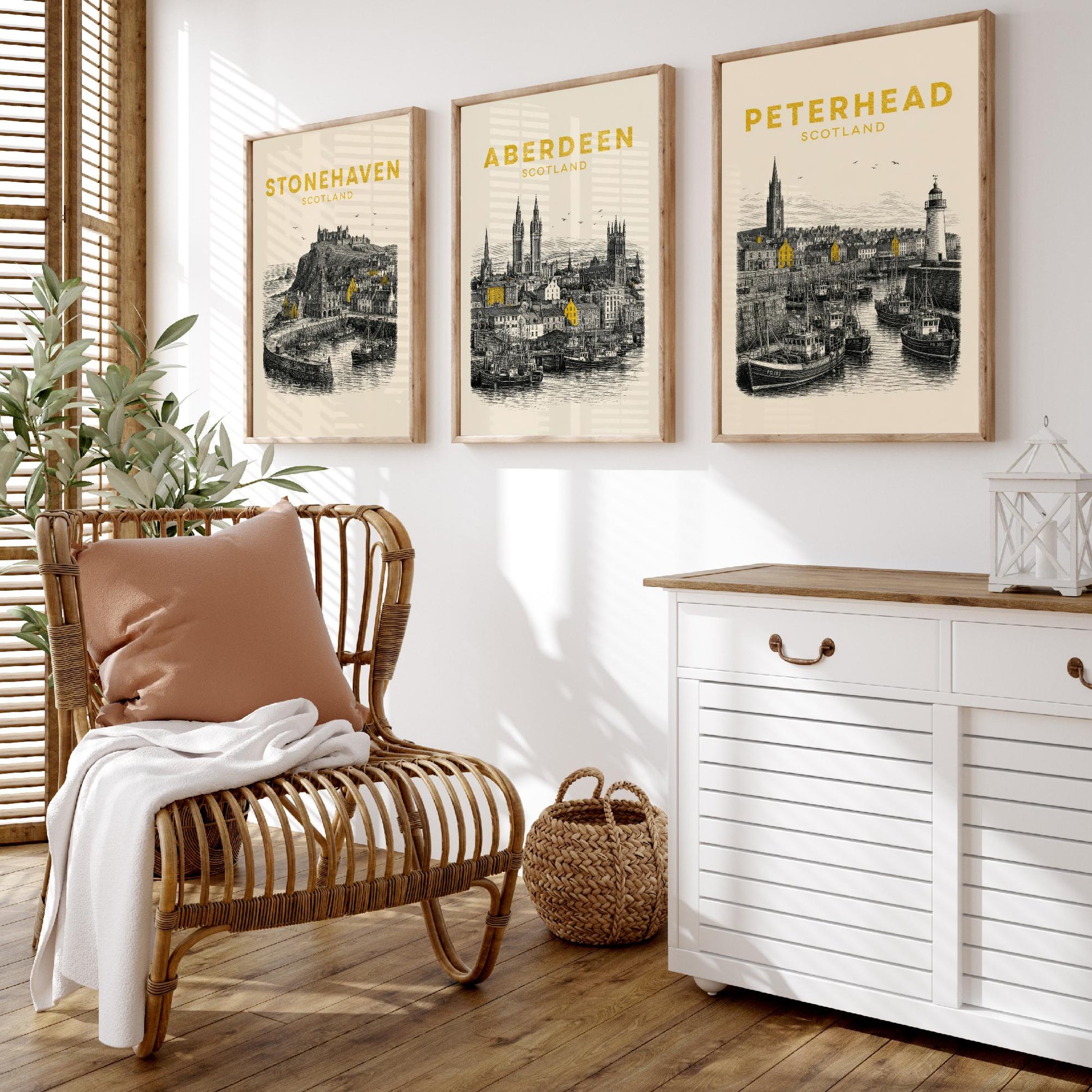Set of Three Aberdeenshire Travel Posters - Stonehaven, Aberdeen, Peterhead - Vintage Duotone Art Prints - Scotland Illustration Gift