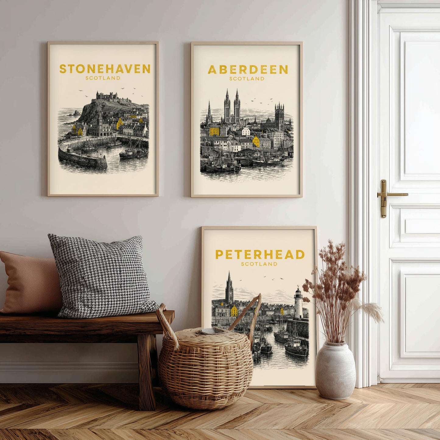 Set of Three Aberdeenshire Travel Posters - Stonehaven, Aberdeen, Peterhead - Vintage Duotone Art Prints - Scotland Illustration Gift