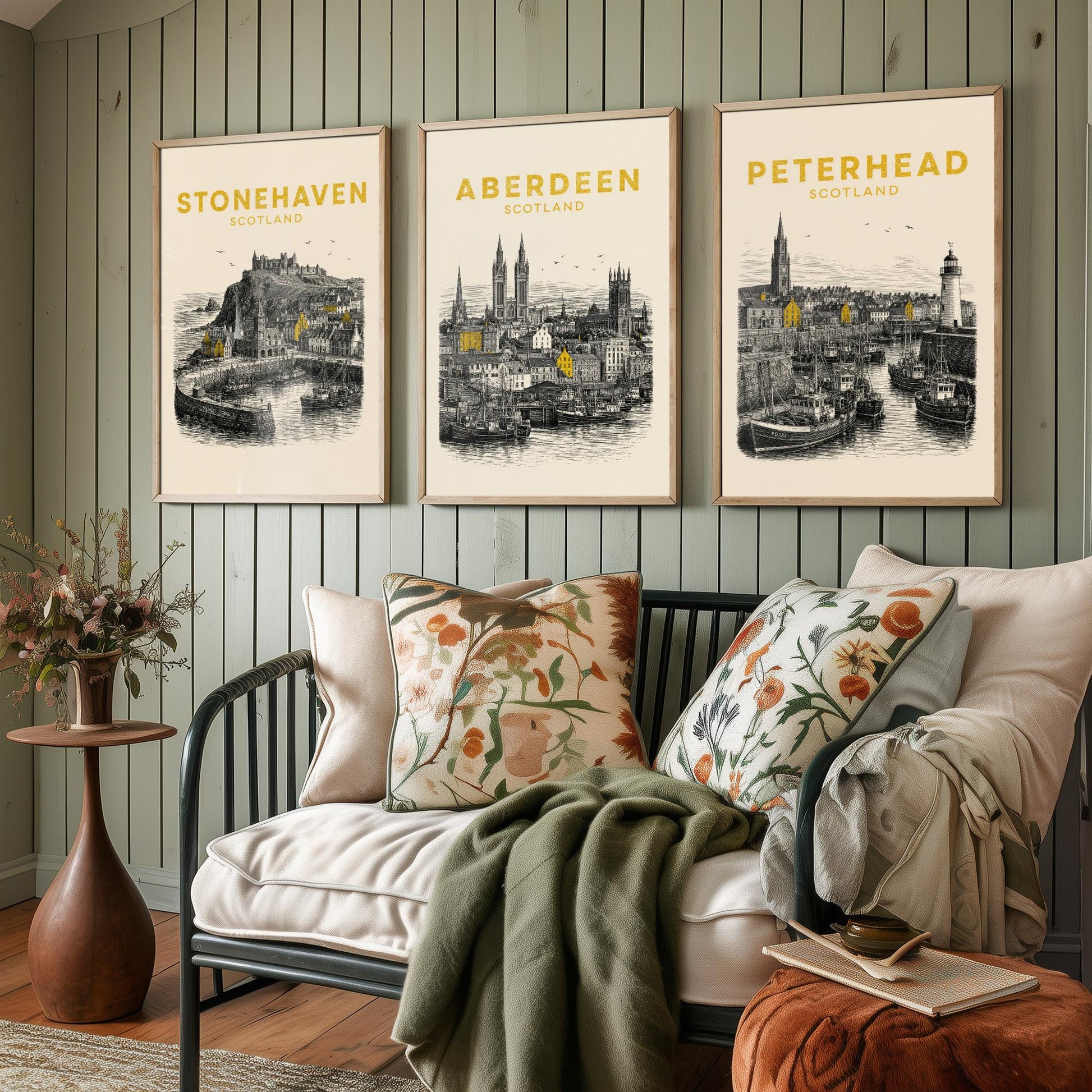 Set of Three Aberdeenshire Travel Posters - Stonehaven, Aberdeen, Peterhead - Vintage Duotone Art Prints - Scotland Illustration Gift