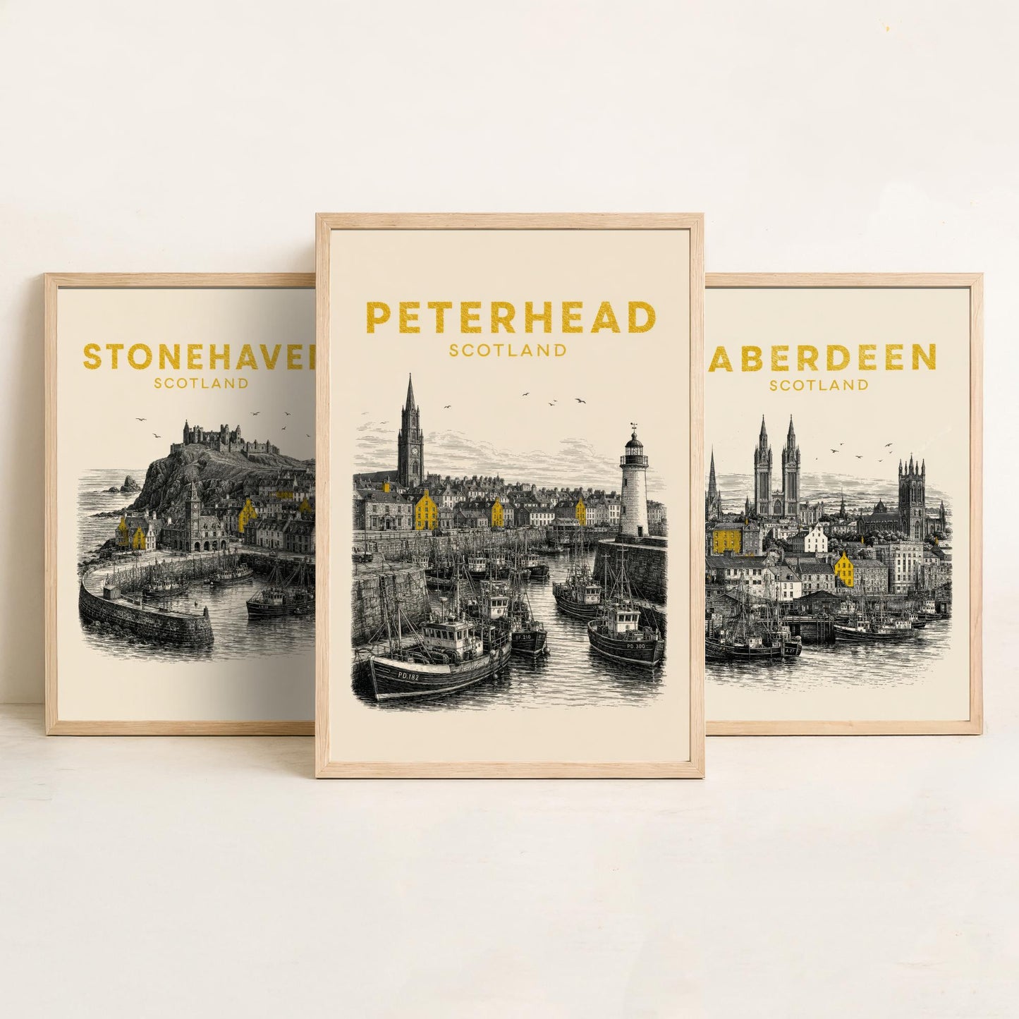 Set of Three Aberdeenshire Travel Posters - Stonehaven, Aberdeen, Peterhead - Vintage Duotone Art Prints - Scotland Illustration Gift