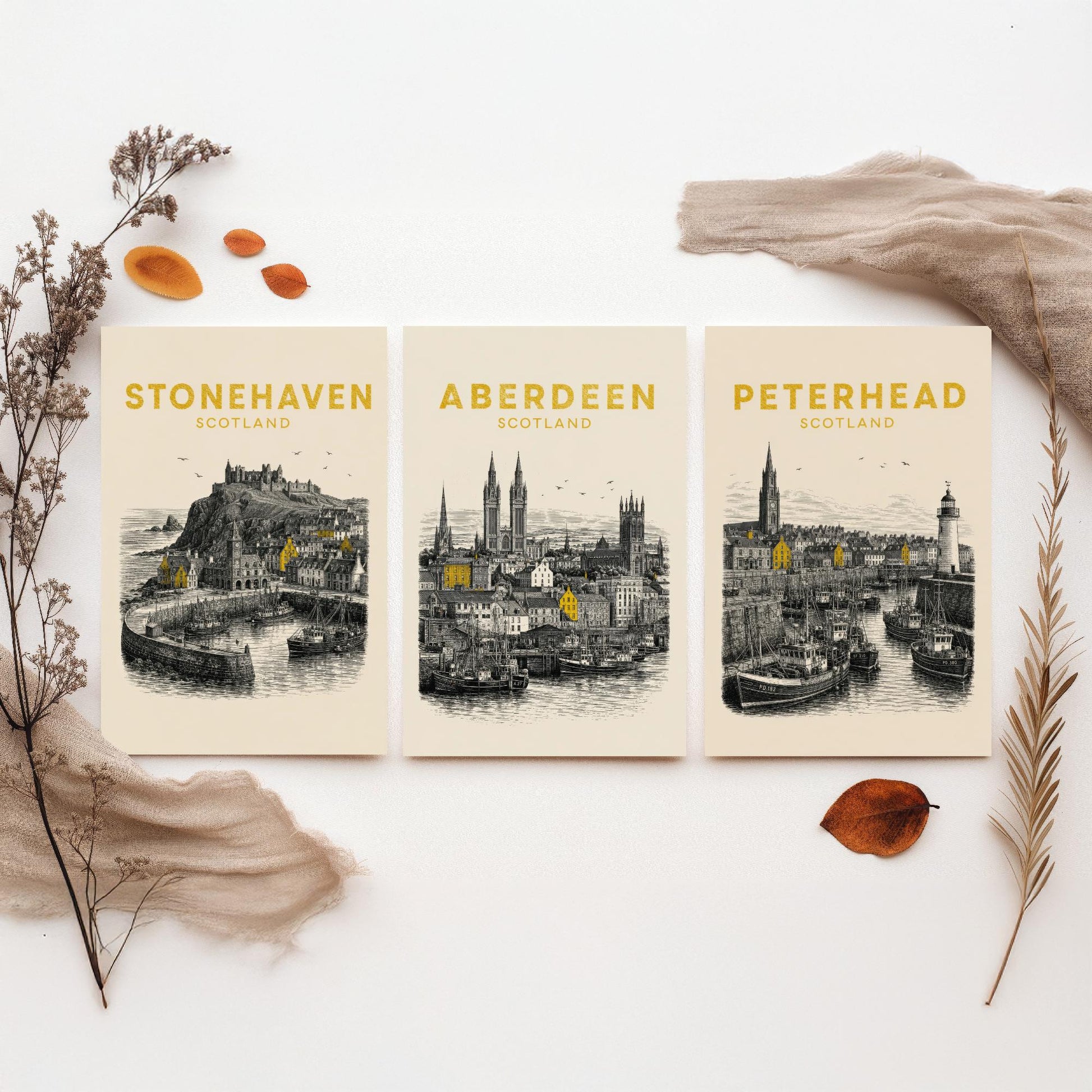 Set of Three Aberdeenshire Travel Posters - Stonehaven, Aberdeen, Peterhead - Vintage Duotone Art Prints - Scotland Illustration Gift