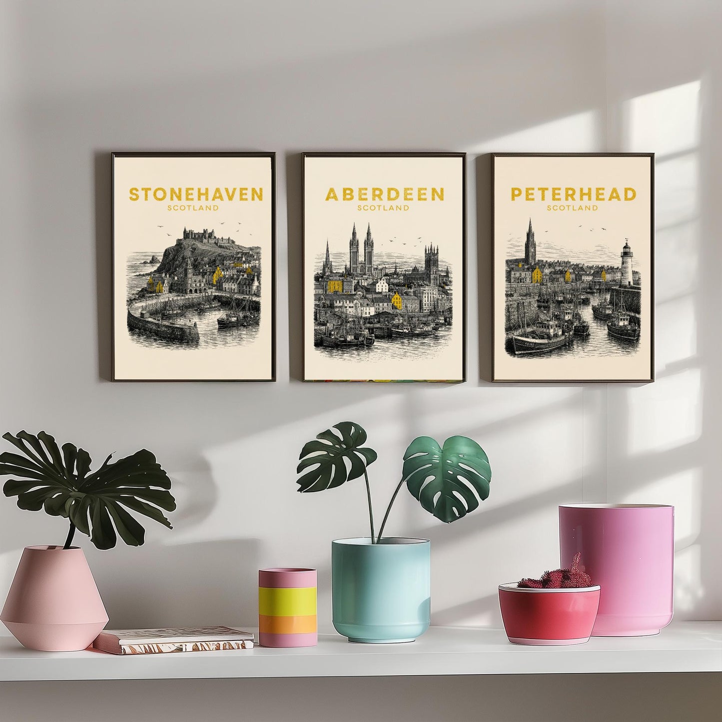 Set of Three Aberdeenshire Travel Posters - Stonehaven, Aberdeen, Peterhead - Vintage Duotone Art Prints - Scotland Illustration Gift