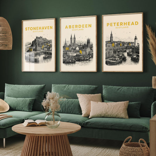 Set of Three Aberdeenshire Travel Posters - Stonehaven, Aberdeen, Peterhead - Vintage Duotone Art Prints - Scotland Illustration Gift